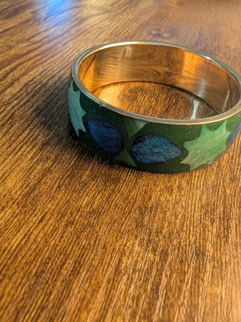 Green and Blue Inlaid Leaf Bangle Enamel Over Brass